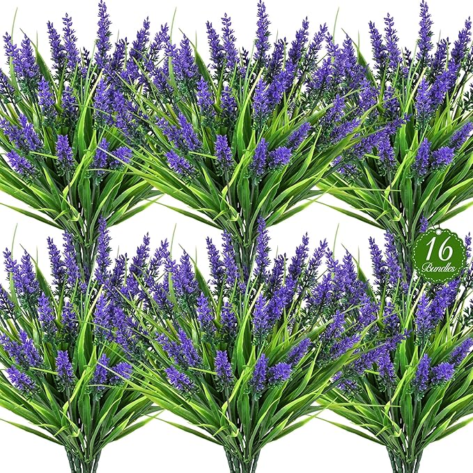 16 Bundles Artificial Plants Outdoor, UV Resistant Fake Lavender & Monkey Grass, Realistic Plastic Faux Plants for Balcony, Patio, Porch Greenery Decor, Planter Filler(Purple)