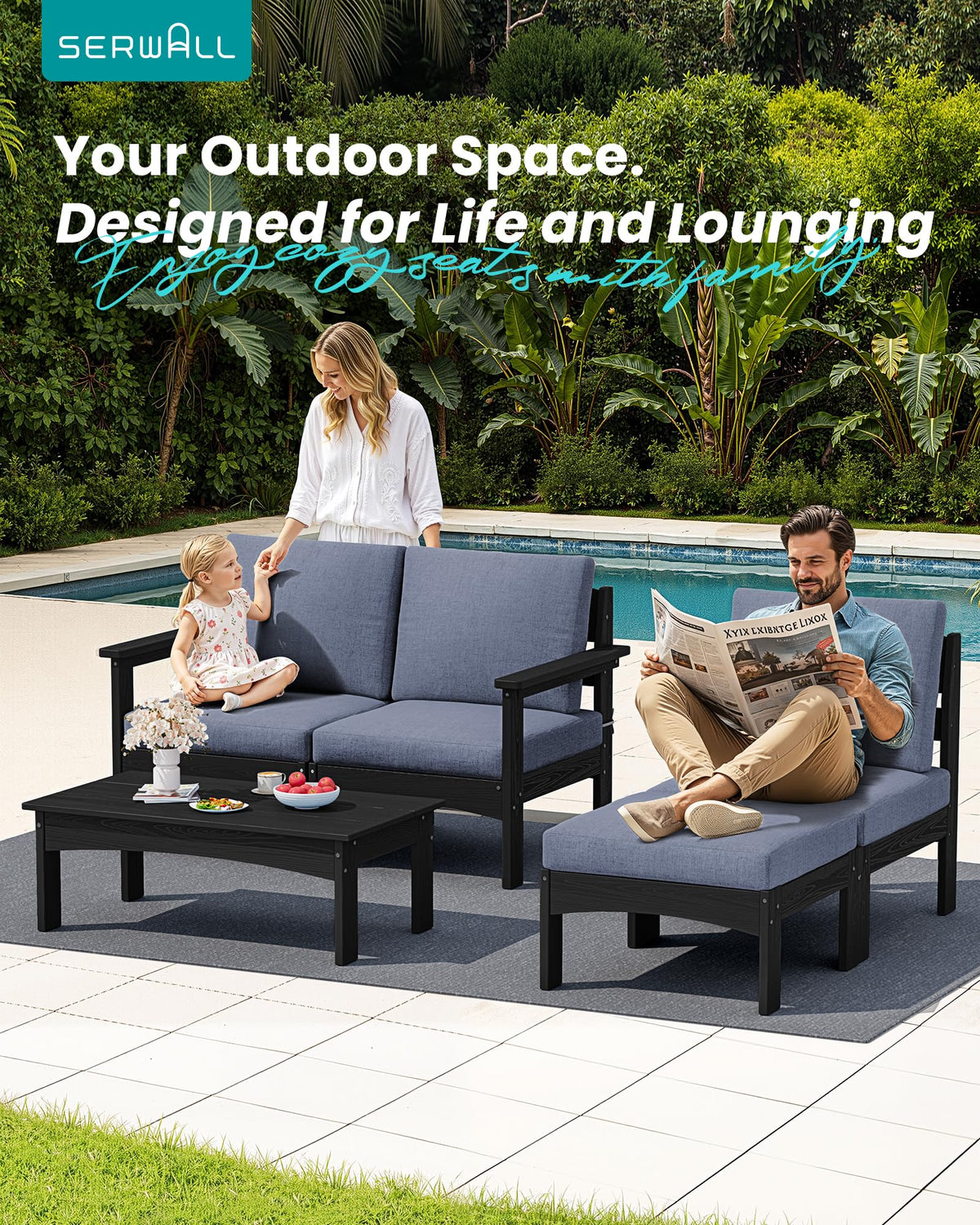 SERWALL 5 Piece Outdoor Sectional Sofa with Ottoman and 2 Pillows, Black
