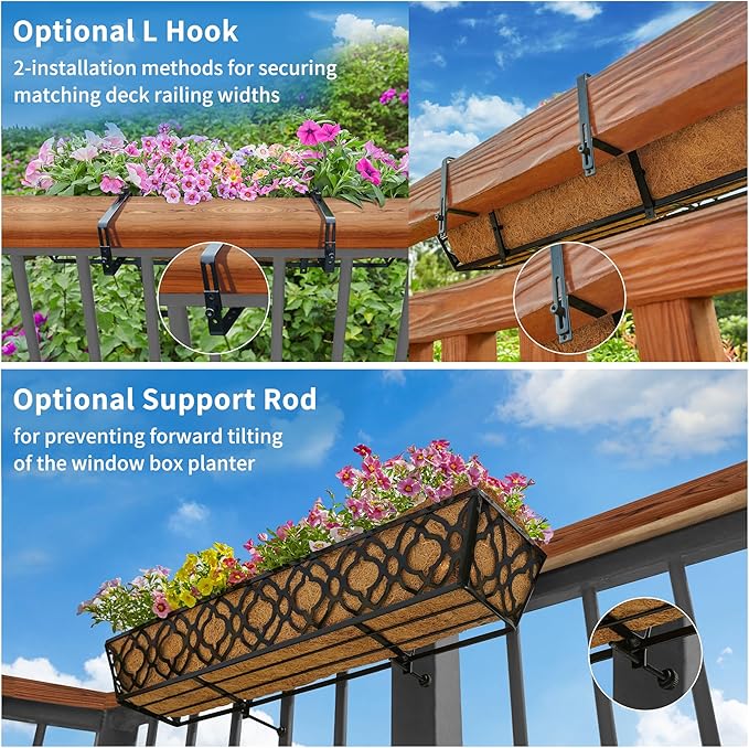 Y&M 24" Window Boxes Horse Trough with Coconut Coir Liner, 2pcs 24 Inch Window Deck with Coco Liner, Black Metal Hanging Flower Planter Window Basket Deck Railing Planter Boxes for Outdoor Indoor Lawn