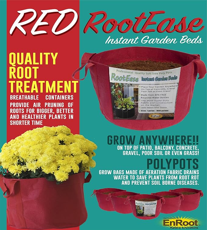 EnRoot Products LLC RootEase 5-Pack Garden Planting Fabric Pot, Heavy Duty Durable Grow Bags/Planter, Raised Bed Gardening, Eco-Friendly Grow Bags with Handles (3 Gallon, Red)