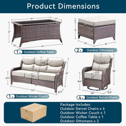 Luxury 8 Pieces Outdoor Patio Furniture Set-All Weather Wicker Swivel Rocker Patio Chairs with 6" Thick Cushion Rattan Sofa Coffee Table, Outdoor Conversation for Garden Porch Backyard(Brown/Beige)