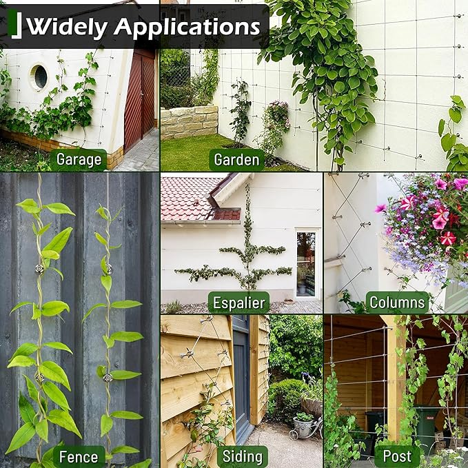 Acemaker Wire Trellis for Climbing Plants Outdoor, 12-Set Wall Wire Trellis Kit with 1/8in x 53ft Stainless Steel Cable, T316 Espalier System for Fence and Garden DIY Projects