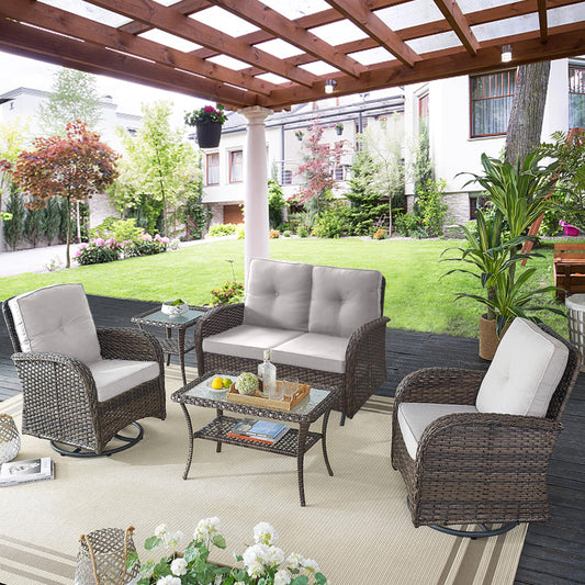 Belord 5 Piece Wicker Patio Furniture Set - Outdoor Conversation Sets with Deep Seating Swivel Rocker Chairs Loveseat and Rattan Coffee Table for Deck Backyard, Brown Wicker/Beige Cushion