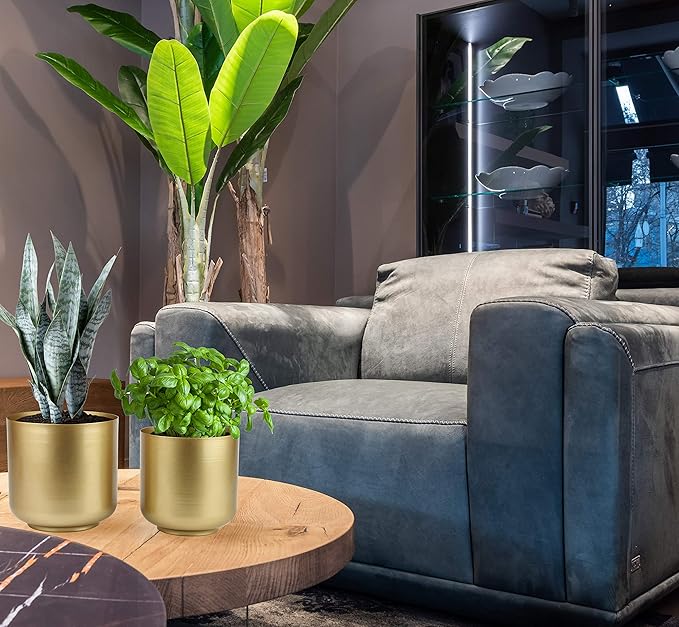 Vixdonos Large Gold Planters Metal Aloe Brass-Tone Plant Pots Indoor Decorative Flower Pots with Drain Holes(8+7.1Inch)