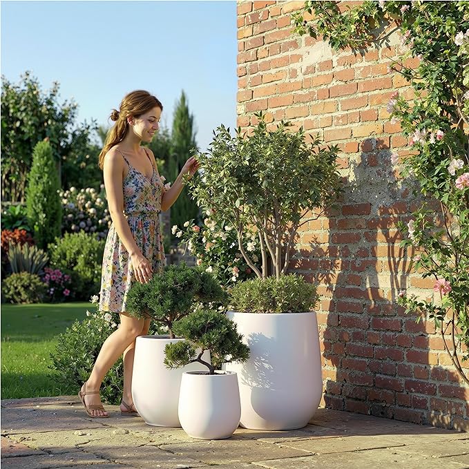 DTY Signature Mount Wilson 19.7''D x 21.7''H Modern Indoor Outdoor Fiberstone Tapered Planter, Lightweight, Weather Resistant Garden Pot with Drainage Hole & Rubber Plug - Large, White