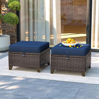 2 Pieces Patio All-Weather Wicker Ottomans with Cushions, PE Rattan Outdoor Conversation Furniture Set for Backyard, Deck, Lawn (Navy Blue)