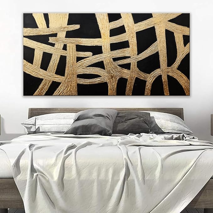 Abstract Wall Art Paintings Wall Decor Large Canvas Wall Art Decor Black And Gold Lines Texture Wall Art Decor Artwork Modern Minimalist Wall Art For Living Room Bedroom Office Wall Decor 29"X58"