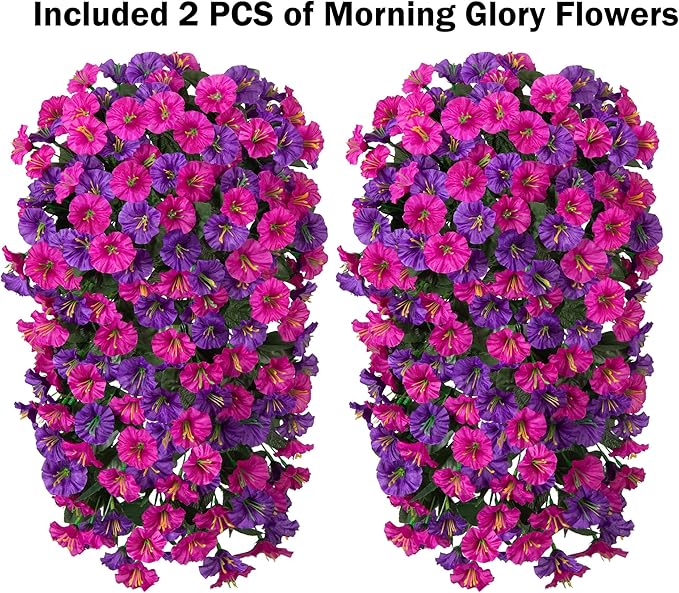 Artificial Fake Fall Hanging Plants Flowers for Outdoor 2 PCS Faux Silk Morning Glory Vines Stems UV Resistant for Wall Home Porch Patio Party Wedding Decor (Dark Purple and Fuchsia)