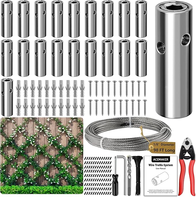 Acemaker Wire Trellis for Climbing Plants Outdoor, 20-Set Wall Wire Trellis Kit with 1/8in x 98ft Stainless Steel Cable & Cutter, T316 Cylindrical Espalier System for Fence and Garden DIY Projects