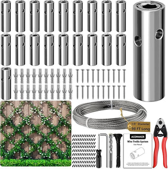 Acemaker Wire Trellis for Climbing Plants Outdoor, 20-Set Wall Wire Trellis Kit with 1/8in x 98ft Stainless Steel Cable & Cutter, T316 Cylindrical Espalier System for Fence and Garden DIY Projects