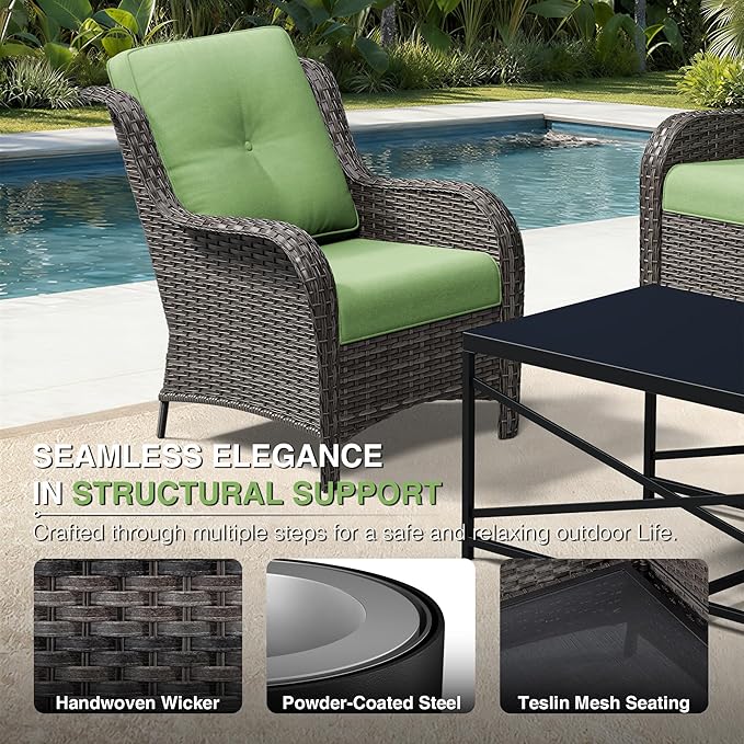 Joyside 4 Piece Wicker Patio Furniture Set, Rattan Patio Chairs with High Back, Deep Seating, Wide Armrest, Thickened Cushions, Outdoor Furniture for Deck, Porch Use