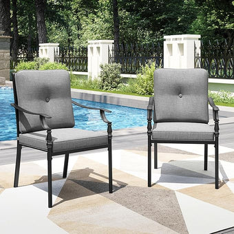 PHI VILLA Outdoor Steel Dining Chairs Set of 2, Heavy-Duty Rustproof Black Wrought Iron Armchairs with Cushions, Large Seating Furniture for Patio, Deck, Backyard, Porch