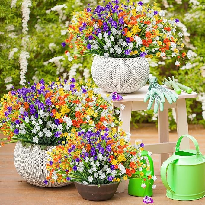 AmyHomie 20 Bundles Artificial Flowers for Outdoor Outside Spring Summer Decoration UV Resistant Faux Flowers No Fade Fake Plastic Plants Garden Porch Window Box Decorating