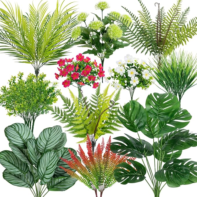 20 Pcs Artificial Plants Outdoor Fake UV Resistant Artificial Flowers Greenery Stems Boston Fern Faux Shrubs Plastic Plants for Garden Porch Planter Window Box Home Decor