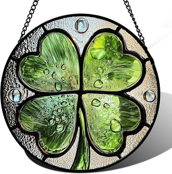 AMDERVEN Stained Glass Window Hanging, Green Silver 4 Leaf Clover Sun Catcher for Window Door Home Decor Plant Suncatcher Christmas Mother's Day Birthday Gifts for Women Men Mom Nana 7.8 in