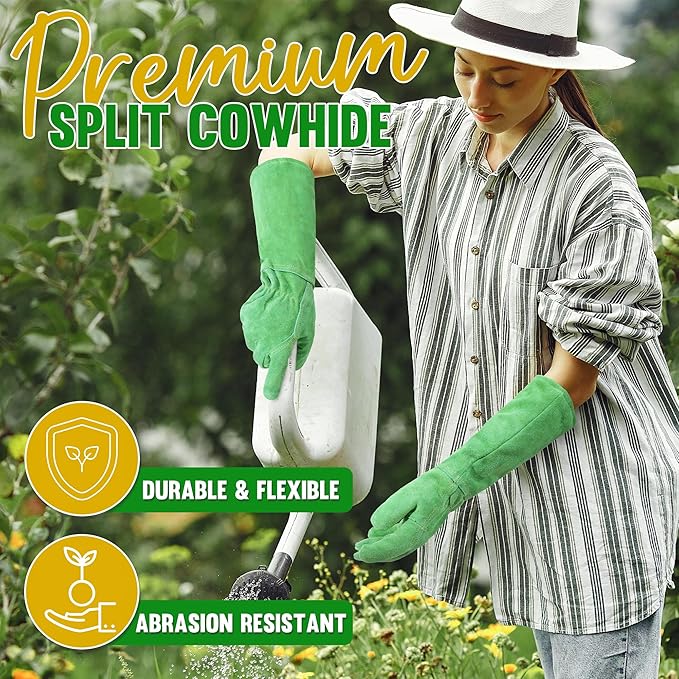 HANDLANDY Leather Gardening Gloves, Thorn Proof Long Gauntlet Heavy Duty Garden Gloves, Elbow Length Rose Pruning Weeding Yard Glove (Medium, Green)