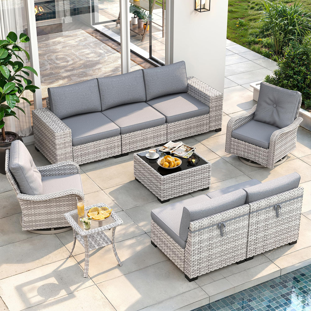 9 Piece Outdoor Wicker Patio Furniture Set with Swivel Chairs