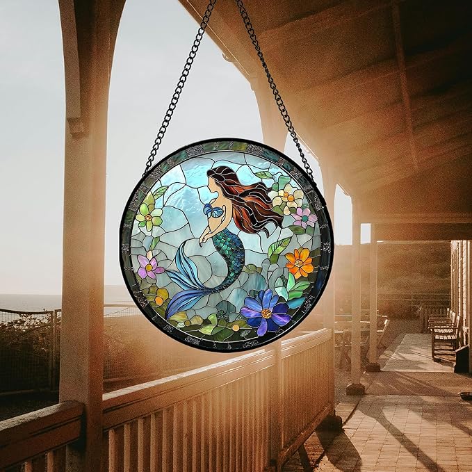 JOSUMALY Stained Glass Window Hanging - Light Blue Mermaid Suncatcher for Door Terrace Garden Home Decor, Ocean Flowers Sun Catcher Birthday Gifts for Lovers Women Men Dad Mom Nana 9.8 in