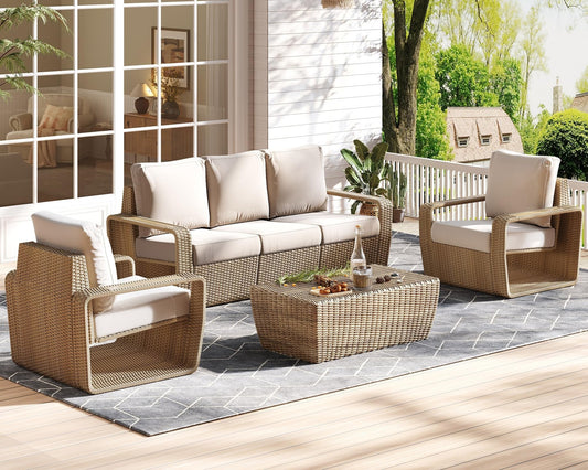 3-Piece Outdoor Patio Furniture Set with Storage, 82" Rattan Sectional Sofa and 2 Chairs - Deep Seating Wicker Conversation Set with High Backrests for Small Space, Balcony, Backyard