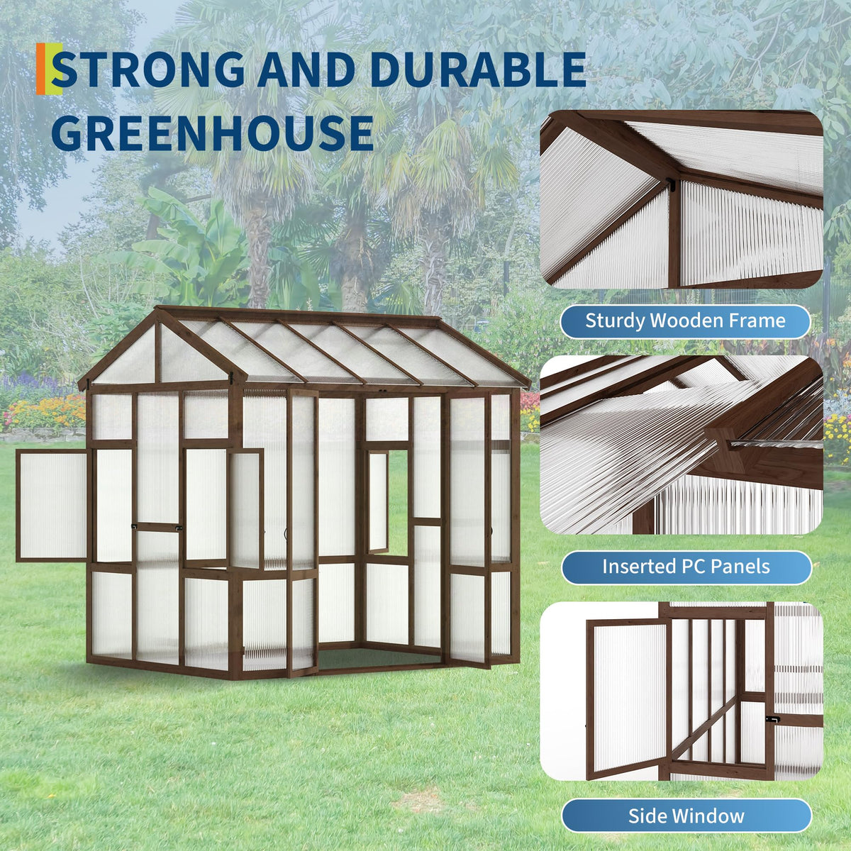 GarveeLife 6x8 ft Wooden Greenhouse for Outdoor - Heavy Duty Walk-in Green House Kit with 6 mm Polycarbonate,Ventilated Window & Lockable Door for Backyard,Patio,Lawn