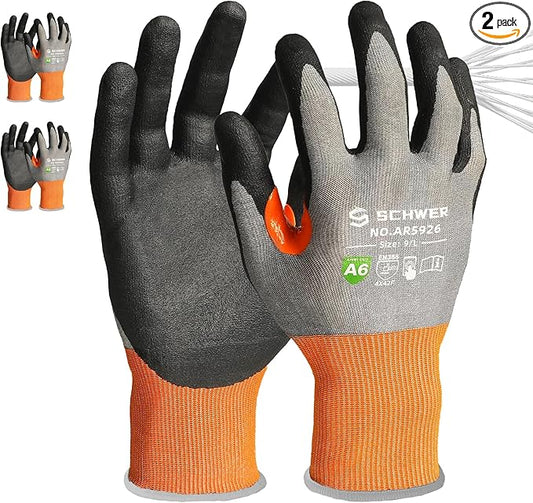 Schwer A6 AIR-SKIN Cut Resistant Work Gloves, Comfortable & Breathable, 21-Gauge Seamless Knit Flexible Safety Working Gloves with Grip for Refined Tasks, Touch-screen, Non PFAS, 2 Pairs, M, AR5926
