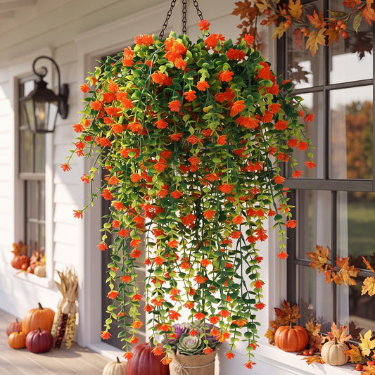FineCheer 6 Pcs Fall Artificial Hanging Flowers Outdoor, Orange, Plastic