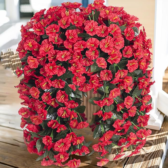 Artificial Faux Hanging Flowers Plants for Winter Christmas Outdoor Outside Decor, 2 PCS Fake Silk Red Morning Glory Long Vines UV Resistant Realistic for Home Porch Patio Balcony Planter Decoration
