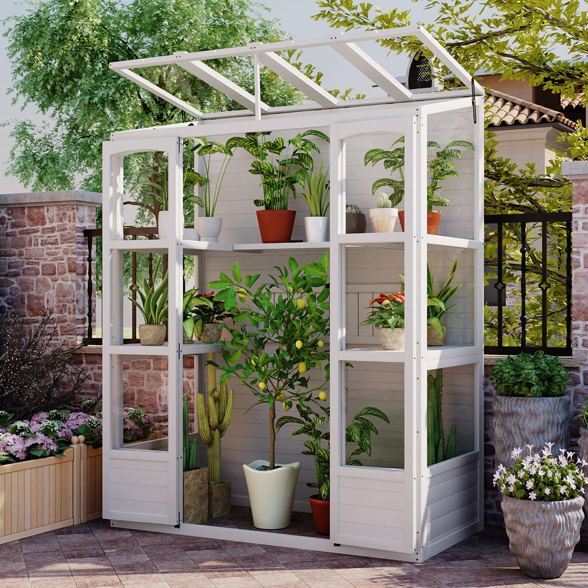 78-inch 6-Tier Wooden Greenhouse - Cold Frame Lean to Greenhouse with Polycarbonate Panels, Portable Greenhouses Cabinet with 4 Independent Skylights and 2 Folding Middle Shelves (White)