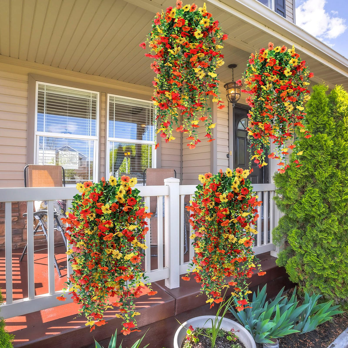 FineCheer 6 Pcs Fall Artificial Hanging Flower Outdoor, Red, Yellow, Orange