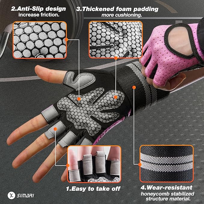 SIMARI Breathable Workout Gloves for Men Women, Padded Weight Lifting Gloves with Wrist Wraps Support, Full Palm Protection, Grip for Gym Training, Fitness, Weightlifting, Exercise Fingerless Black