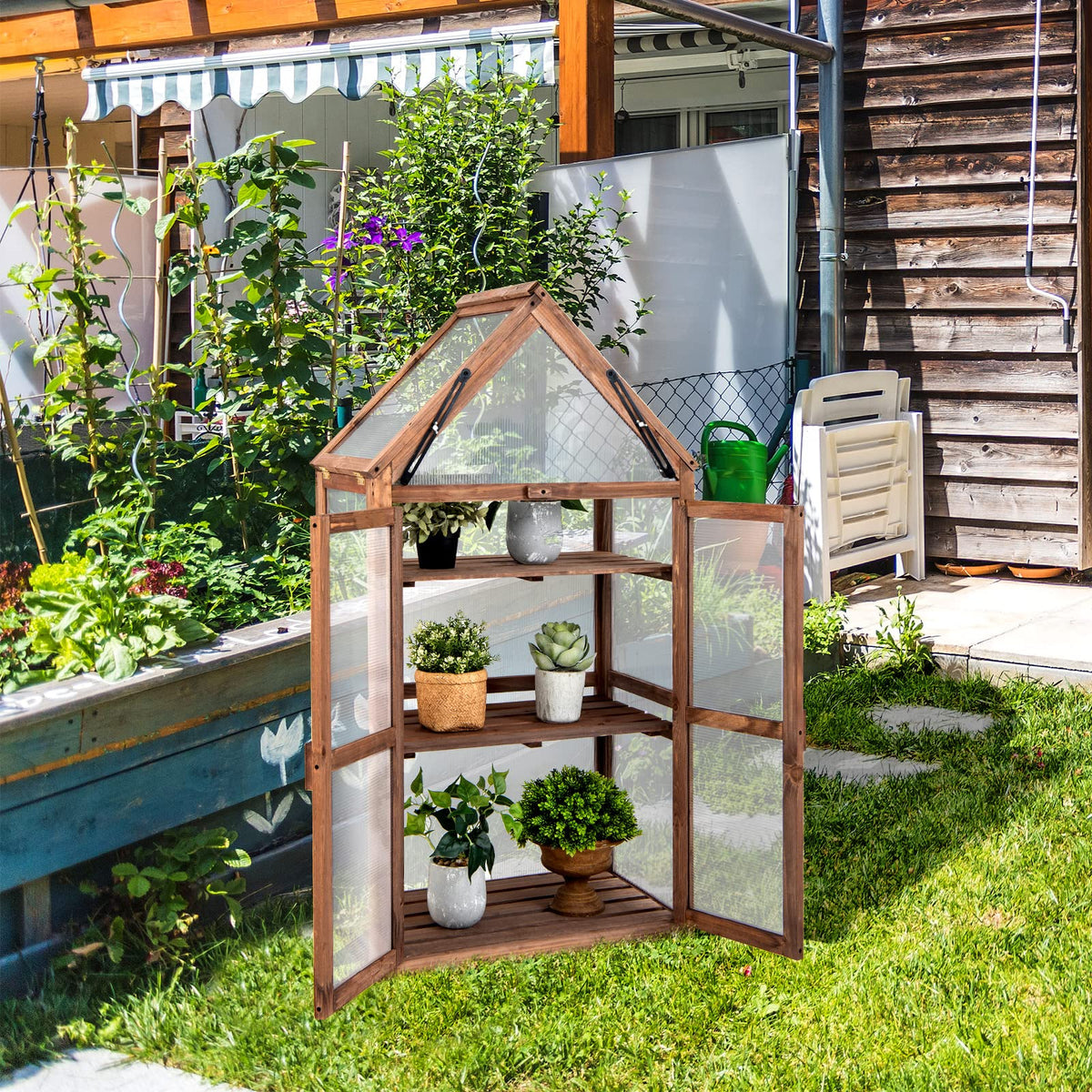 GRAFFY Wooden Cold Frame Greenhouse with 3 Removable Shelves for Outdoor