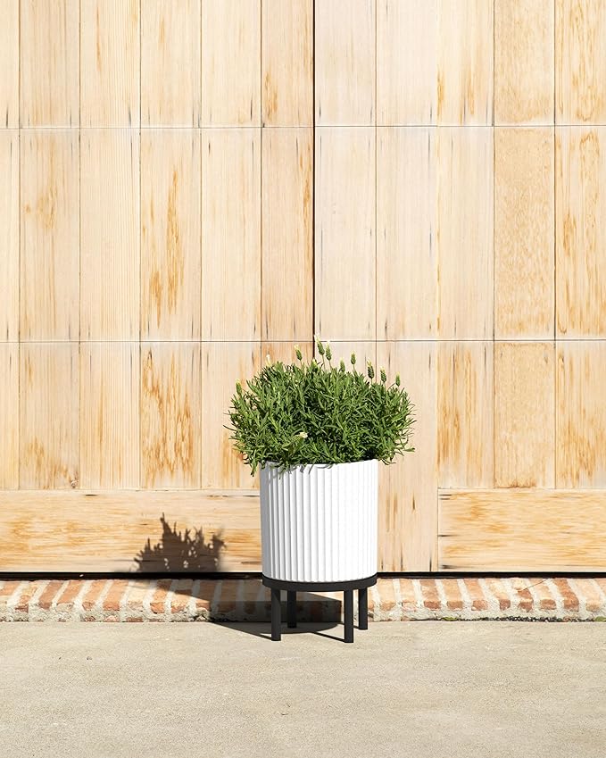 Veradek Demi Series Round Planter w/ Stand for Porch/Patio | Durable Plastic-Concrete & Wooden Stand | Modern Décor for Tall Plants, Flowers