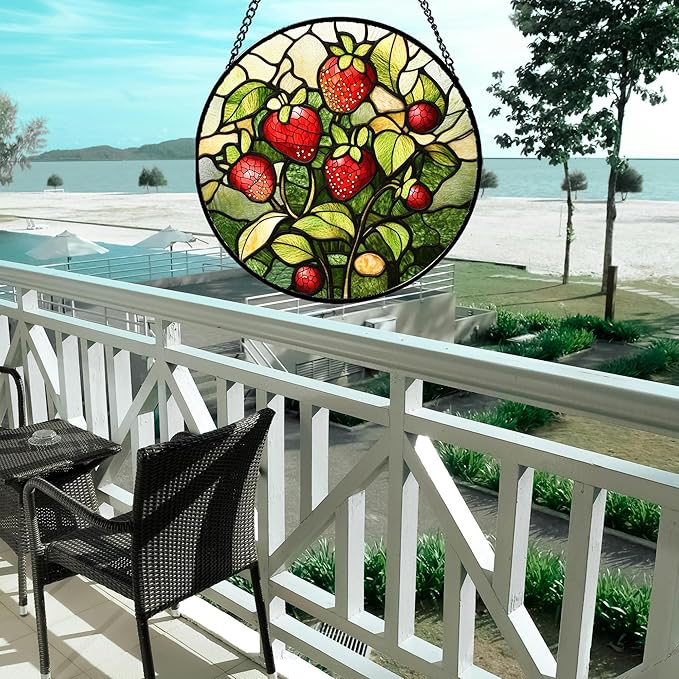 HWRHTR Stained Glass Window Hanging - Red Strawberry Suncatcher for Doors Window Home Green Plant Sun Catchers Decor Christmas Mother's Day Birthday Gifts for Teacher Women Men Mom Nana 6.3 in