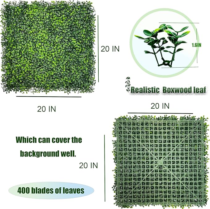 DOPGIB Artificial Boxwood Panels: 20"x 20"(12P) UV-Anti Faux Grass Panels for Interior Wall, Greenery Backdrop,Garden and Indoor Outdoor Plant Wall&Fence Covering Privacy for Backyard Decor