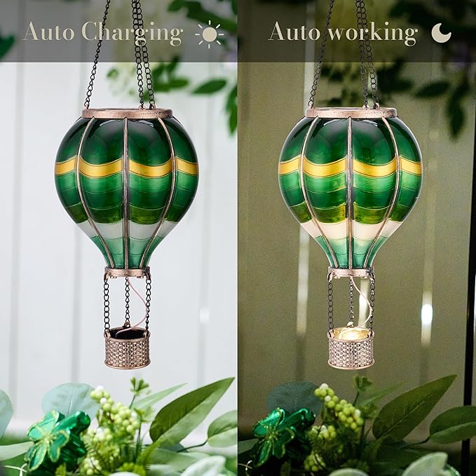 TERESA'S COLLECTIONS Hot Air Balloon Solar Lantern for Outdoor Garden Decor, Hanging Flickering Flame Outdoor Lights for Trees, Green St Patrick's Day Decorations for Party Father's Gift