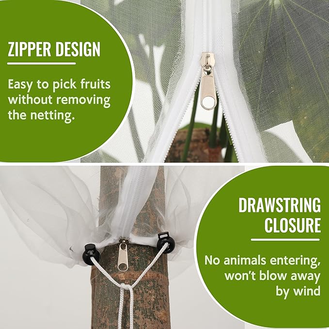 2 Pack Fruit Tree Netting Bags with Zipper and Drawstring, 8 x 8ft Ultra Fine Mesh Garden Netting Plant Cover, Bird Netting for Blueberry Bushes, Fruit Trees, Flowers (White, 8 x 8 ft)