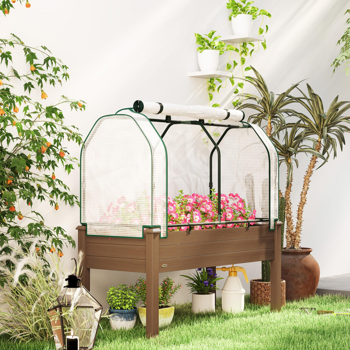 Outsunny Raised Garden Bed with PE Greenhouse Cover 48x22x46 inch Brown