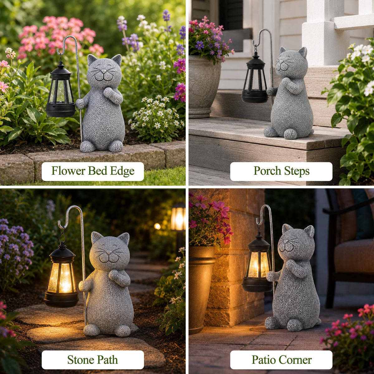 Qeeman Solar Cat Garden Statue with Lantern: Outdoor Decor