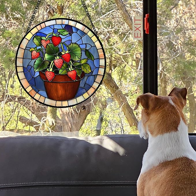 Stained Glass Window Hanging Red Strawberry Potted Plants 9.8" - Suncatcher Door Garden Sun Catcher Fall Home Decor Birthday Christmas for Mom Men Woman Nana Friend