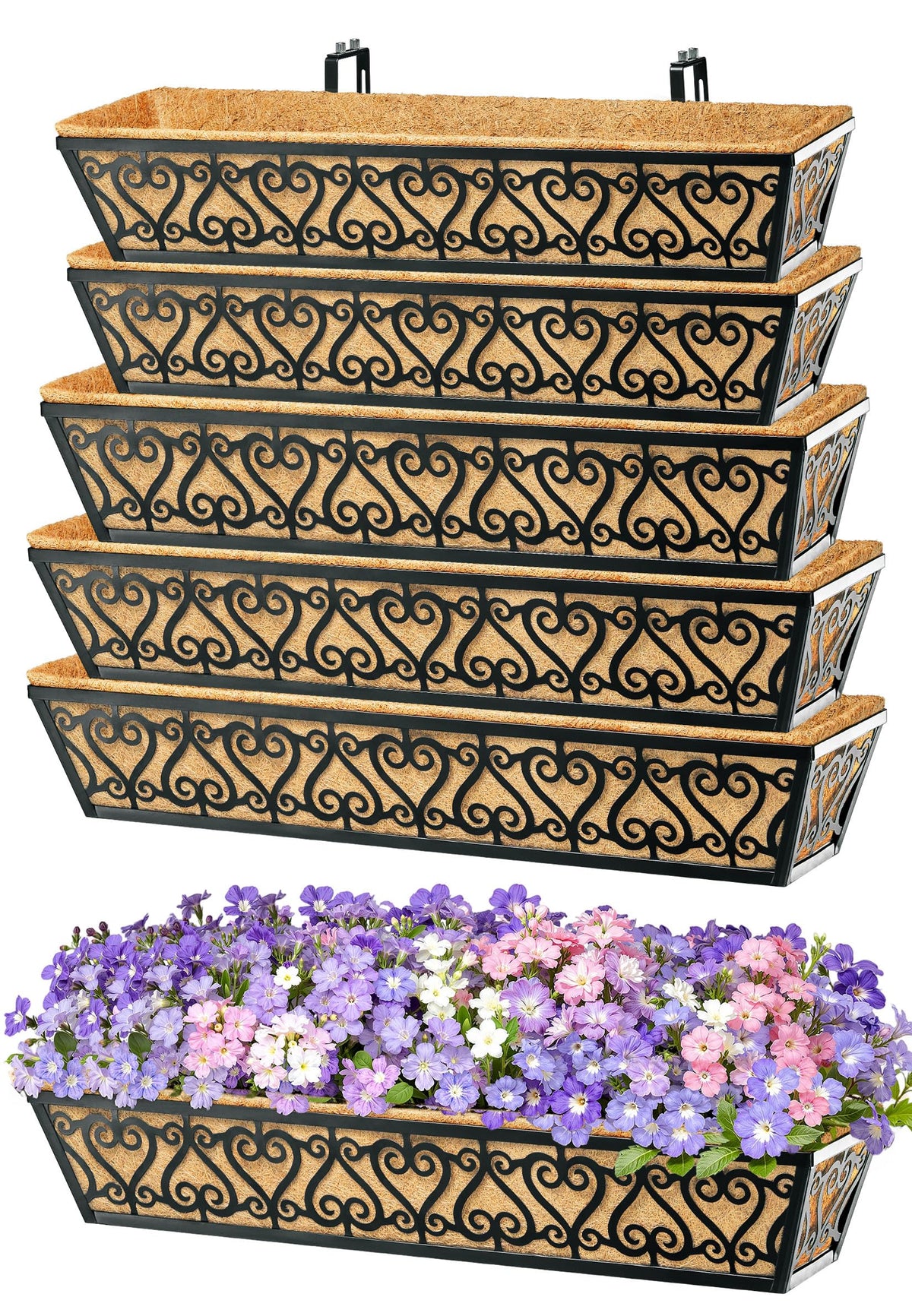 EINYEXW 6 Pack 30 Inch Deck Railing Planter Box - Window Boxes Planters with Adjustable Brackets Coco Liners Balcony Planters Railing Hanging for Window Flower Boxes Outdoor Garden Decor