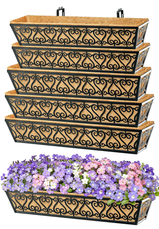 EINYEXW 6 Pack 30 Inch Deck Railing Planter Box - Window Boxes Planters with Adjustable Brackets Coco Liners Balcony Planters Railing Hanging for Window Flower Boxes Outdoor Garden Decor