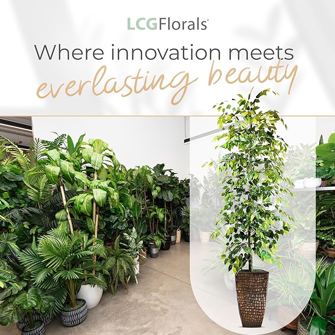 LCG Florals 8ft Artificial Ficus Tree in Copper Metal Pot - Real Wood Trunk, Preassembled, No Maintenance Indoor Faux Plant - Living Room, Home & Office Decor