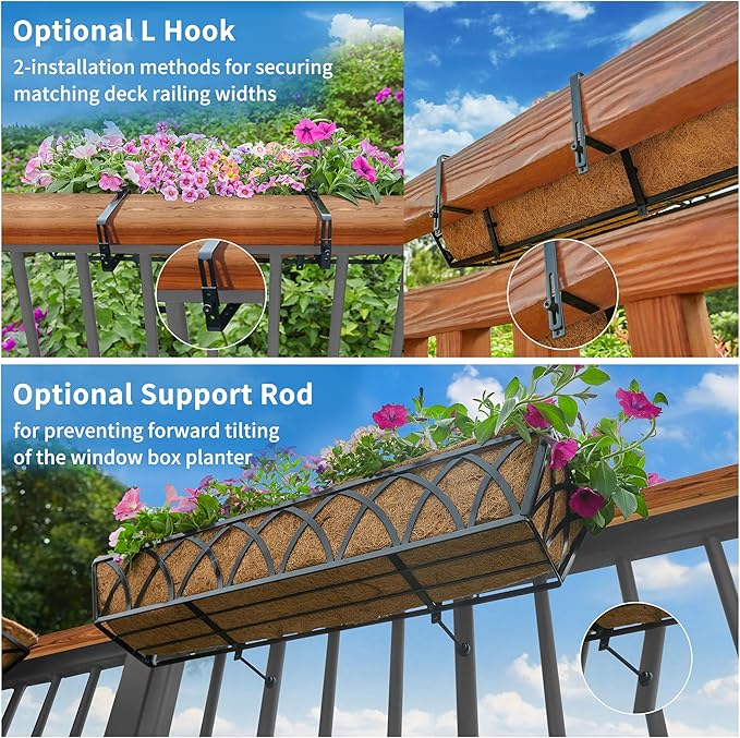 HFHOME 24 inch Window Deck Rail Planter Including Coco Liner, 24" Dia Window Box Horse Trough with Coconut Coir Liners, Black Metal Hanging Flower Planter Basket for Indoor Outdoor Lawn - Set of 2