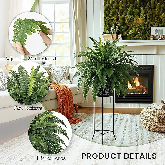 Richeerca Fake Ferns, 35IN Large Fake Bush Plants, 2 Articial Boston Ferns with 39 Fronds for Outdoor Hanging Planter Garden Porch Entrance Home Decor