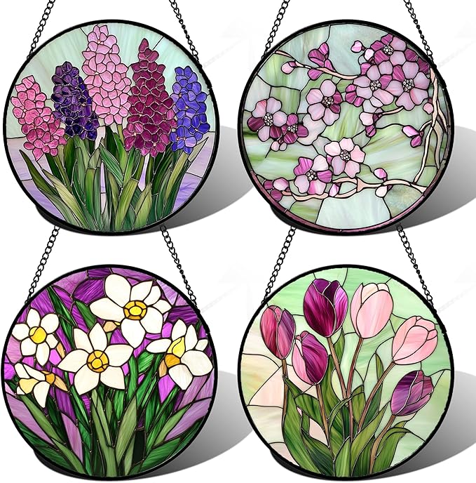 AMDERVEN Stained Glass Window Hanging 4 Pcs Set Tulips Plum Flower Daffodils Hyacinths Large 11.8" - Suncatcher Door Garden Sun Catcher Decor Birthday Mother's Day for Mom Woman Nana