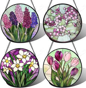AMDERVEN Stained Glass Window Hanging 4 Pcs Set Tulips Plum Flower Daffodils Hyacinths Large 11.8" - Suncatcher Door Garden Sun Catcher Decor Birthday Mother's Day for Mom Woman Nana