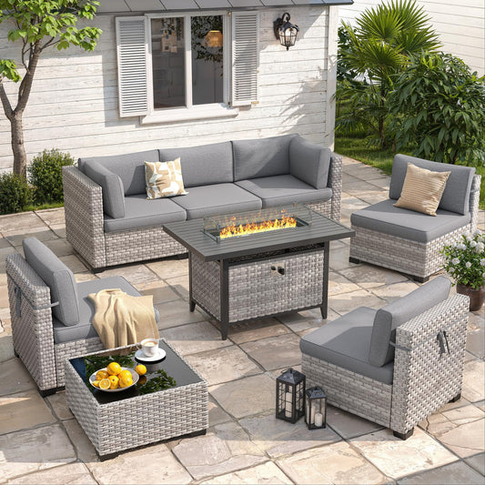MAISON BACKYARDS 6-Seat Modern Outdoor Wicker Rattan Patio Furniture Set with 55,000 BTU Fire Pit Table, Thick 4″ Cushions, All-Weather Dual-Strand Rattan, Rust-Resistant Steel Frame,Gray