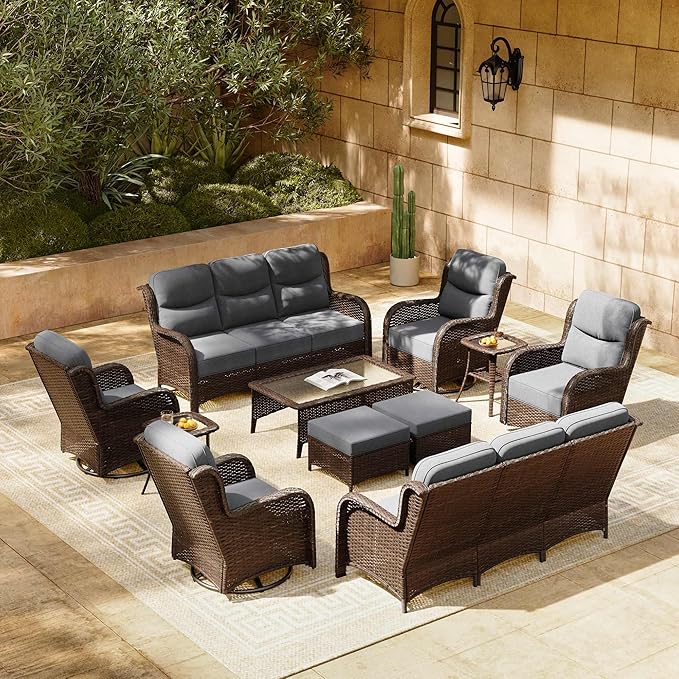HILLGA Luxury Patio Furniture Set with 6-inch Thick Cushion, Outdoor Couch and High Back Swivel Rocker Patio Chairs, 11PCS Wicker Conversation Set for Deck Yard and Poolside, Dark Grey (V2)