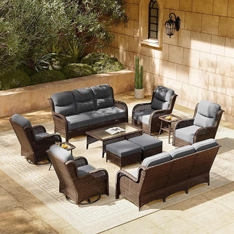 HILLGA Luxury Patio Furniture Set with 6-inch Thick Cushion, Outdoor Couch and High Back Swivel Rocker Patio Chairs, 11PCS Wicker Conversation Set for Deck Yard and Poolside, Dark Grey (V2)