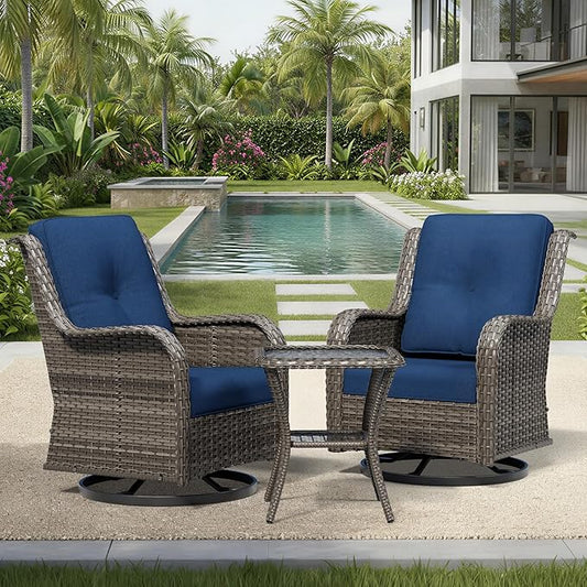 Joyside 3 Piece Wicker Patio Furniture Set, Outdoor Swivel Rocker Patio Chairs with High Back, Deep Seating, Wide Armrest, Thickened Cushions, Outdoor Furniture for Deck, Porch Use